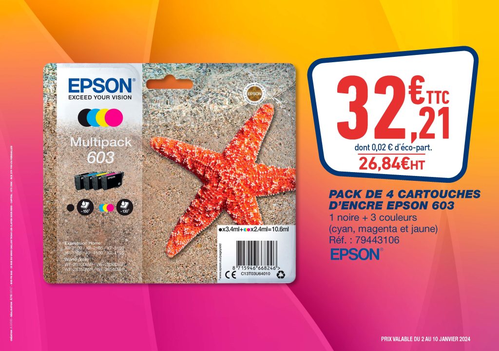 Promo Pack de 4 cartouches d'encre epson 603 chez Bureau Vallée